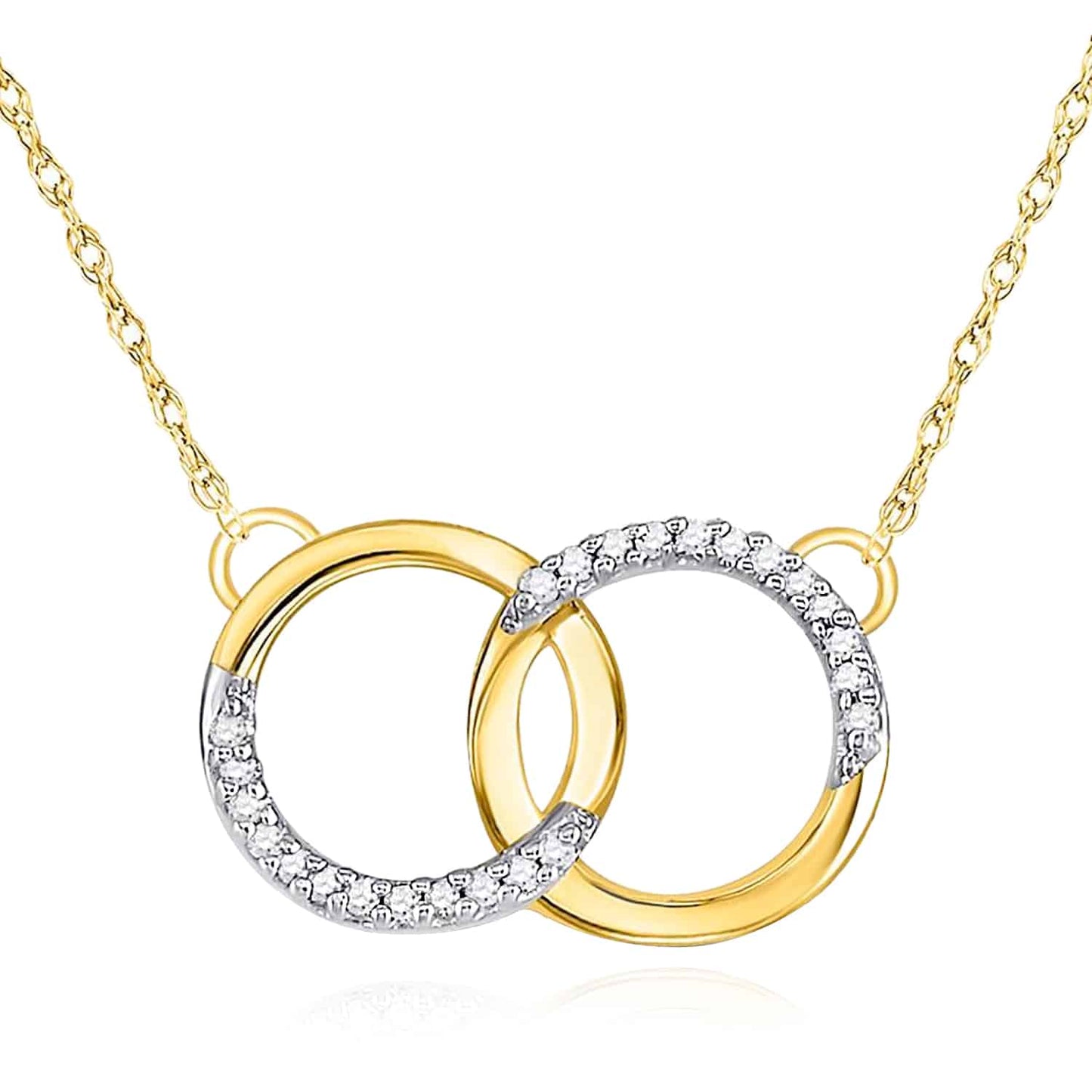 Real Diamond 10K Gold Yellow White Interlocking Circles Pendant Necklace 18"
