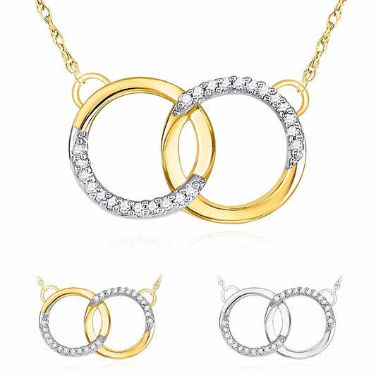 Real Diamond 10K Gold Yellow White Interlocking Circles Pendant Necklace 18"