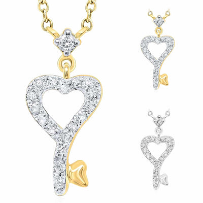 0.10CTW Natural Diamond 10K Yellow White Gold Heart - Key Necklace (Solid Links) 18" - WJD Exclusives