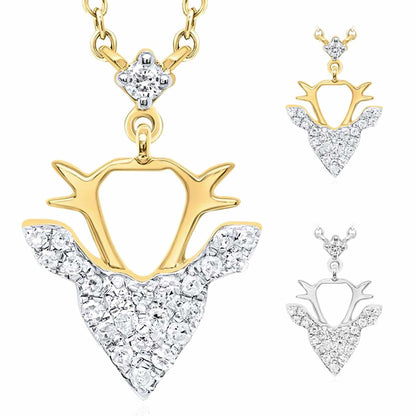 0.12CTW Real Diamond 10K Gold Yellow White Reindeer Head Pendant Necklace 18"