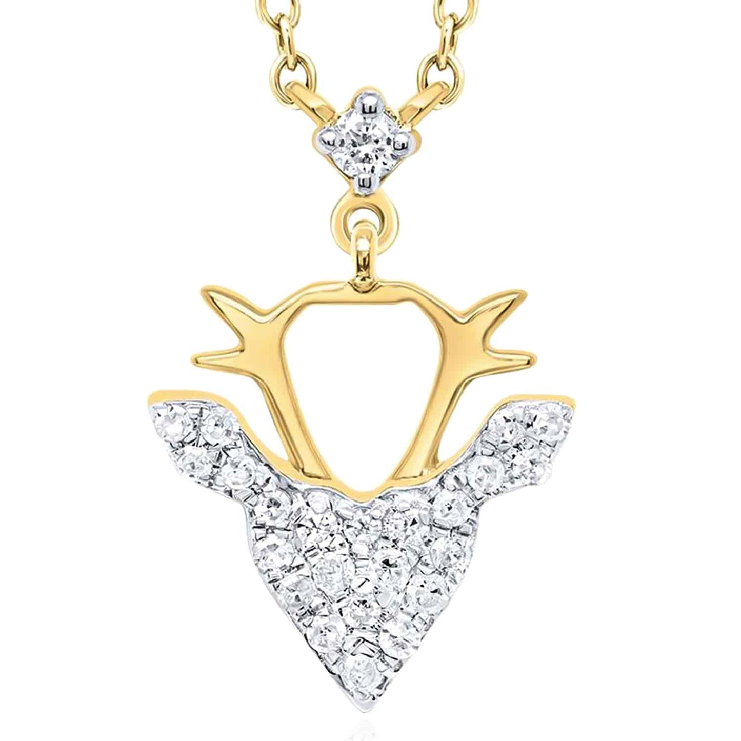 0.12CTW Real Diamond 10K Gold Yellow White Reindeer Head Pendant Necklace 18"