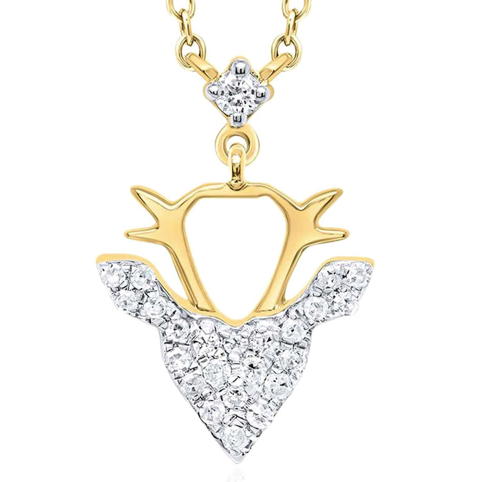 0.12CTW Natural Diamond 10K Yellow White Gold Reindeer Head Necklace (Solid Links) 18" - WJD Exclusives