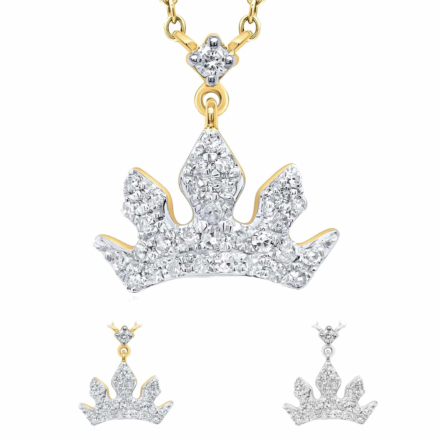 Natural Diamond 10K Yellow White Gold Royal Crown Tiara Necklace