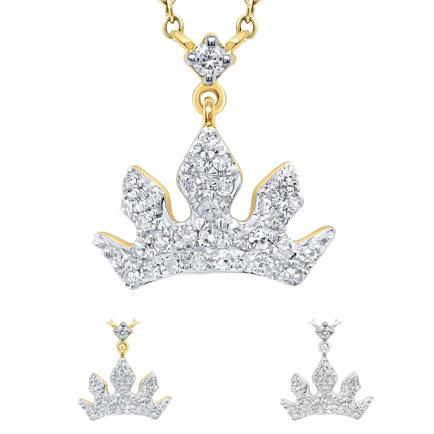 Real Diamond 10K Real Gold Yellow White Royal Crown Tiara Pendant Necklace 18"