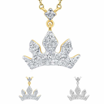 Real Diamond 10K Real Gold Yellow White Royal Crown Tiara Pendant Necklace 18"