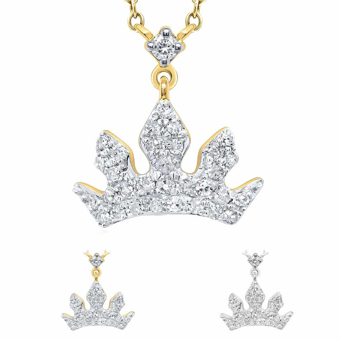 Natural Diamond 10K Yellow White Gold Royal Crown Tiara Necklace (Solid Links) 18" - WJD Exclusives