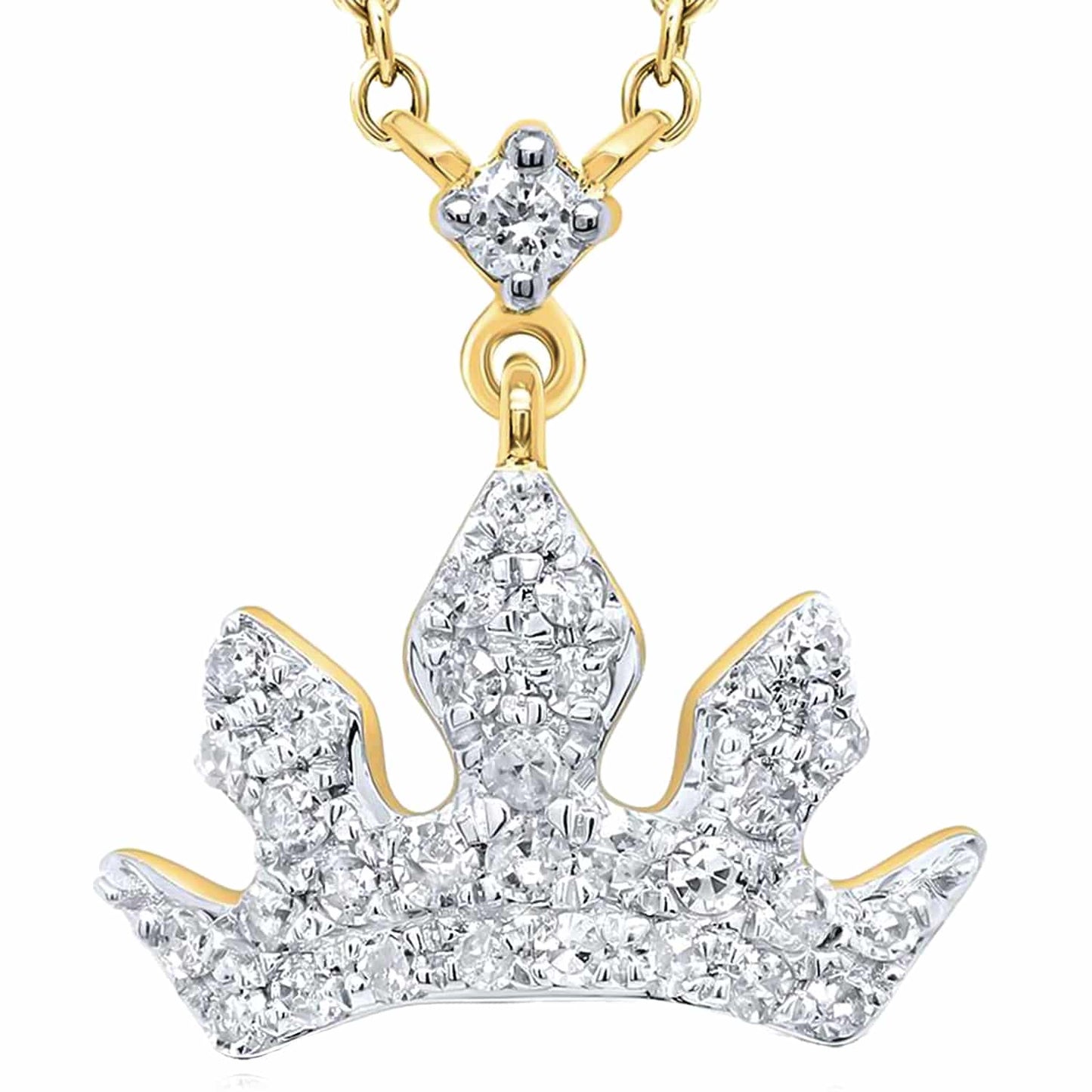 Real Diamond 10K Real Gold Yellow White Royal Crown Tiara Pendant Necklace 18"