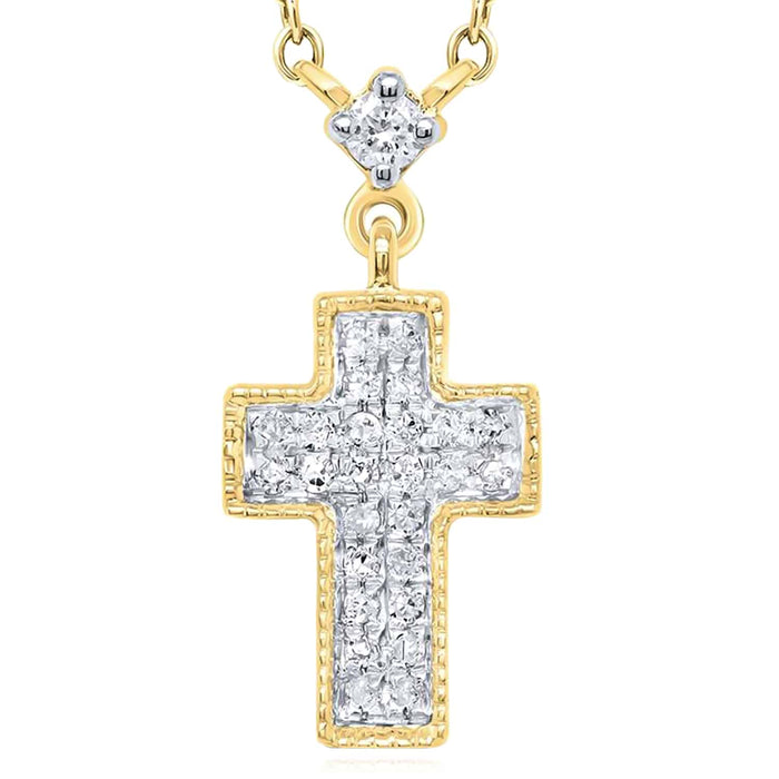 0.12CTW Natural Diamond 10K Yellow White Gold Cross Necklace (Solid Links) 18" - WJD Exclusives