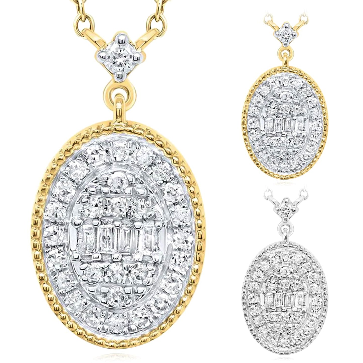 0.20CTW Real Diamond 10K Gold Yellow White Oval Pendant Necklace 18"