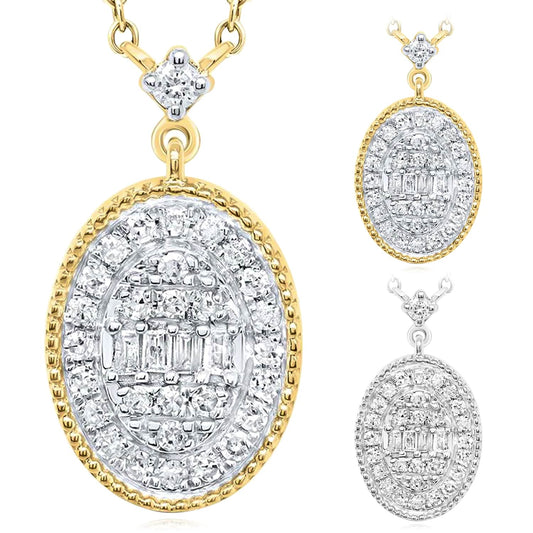 0.20CTW Real Diamond 10K Gold Yellow White Oval Pendant Necklace 18"