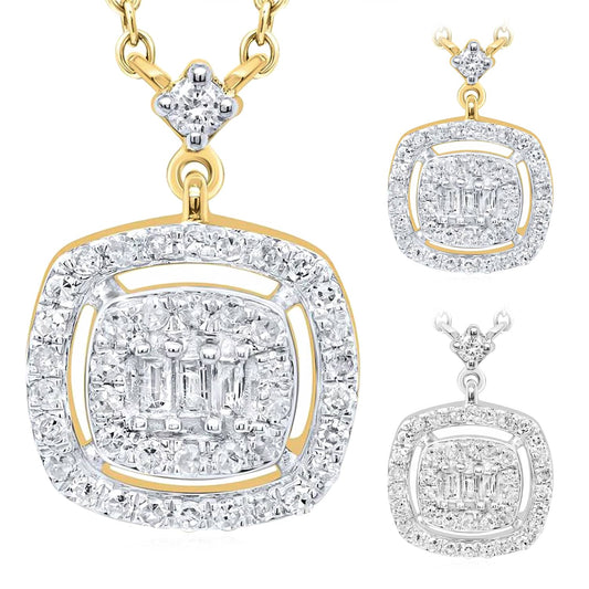 0.25CTW Real Diamond 10K Gold Yellow White Square Pendant Necklace 18"