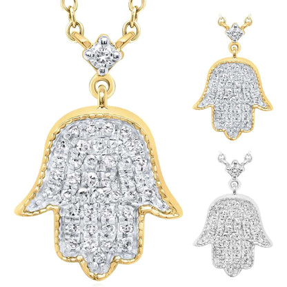 0.2CTW Real Diamond 10K Gold Yellow White Hamsa Hand Pendant Necklace 18"