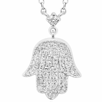 0.2CTW Real Diamond 10K Gold Yellow White Hamsa Hand Pendant Necklace 18"