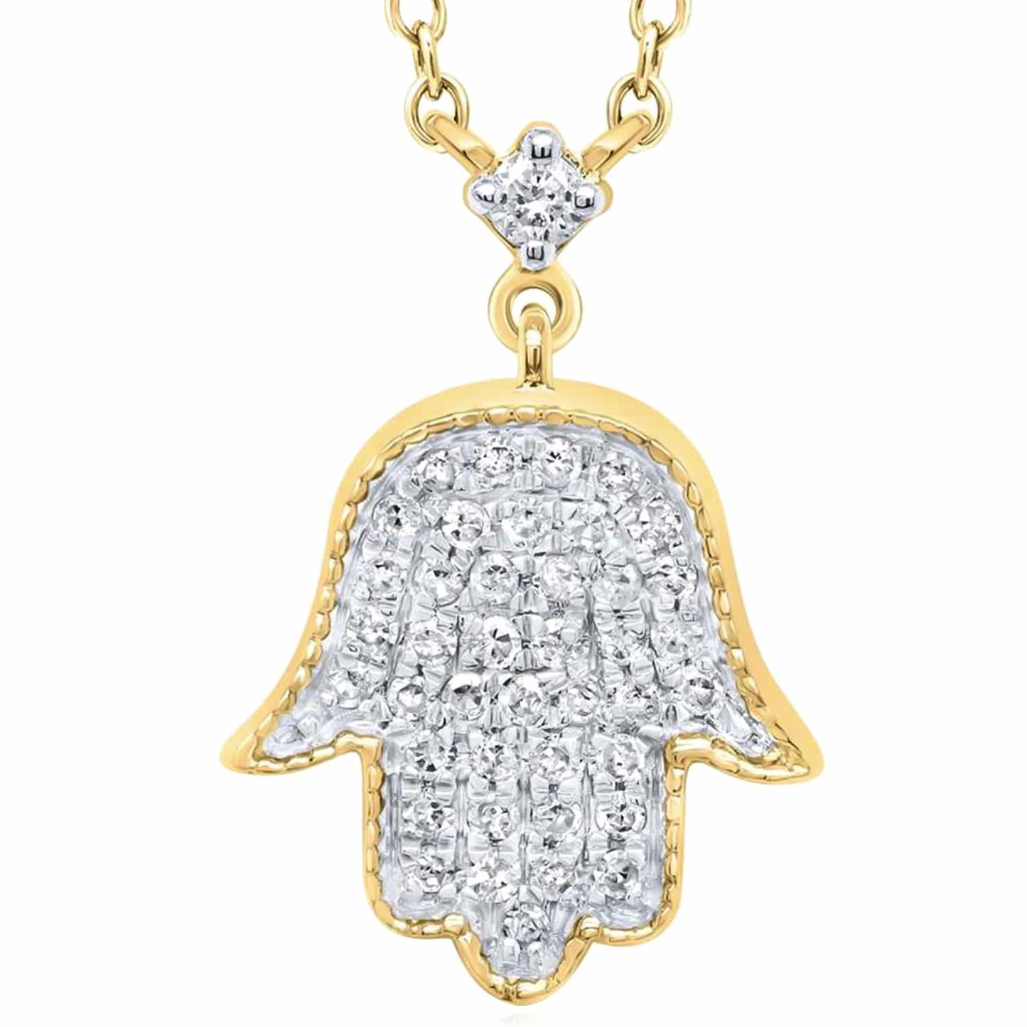 0.2CTW Real Diamond 10K Gold Yellow White Hamsa Hand Pendant Necklace 18"