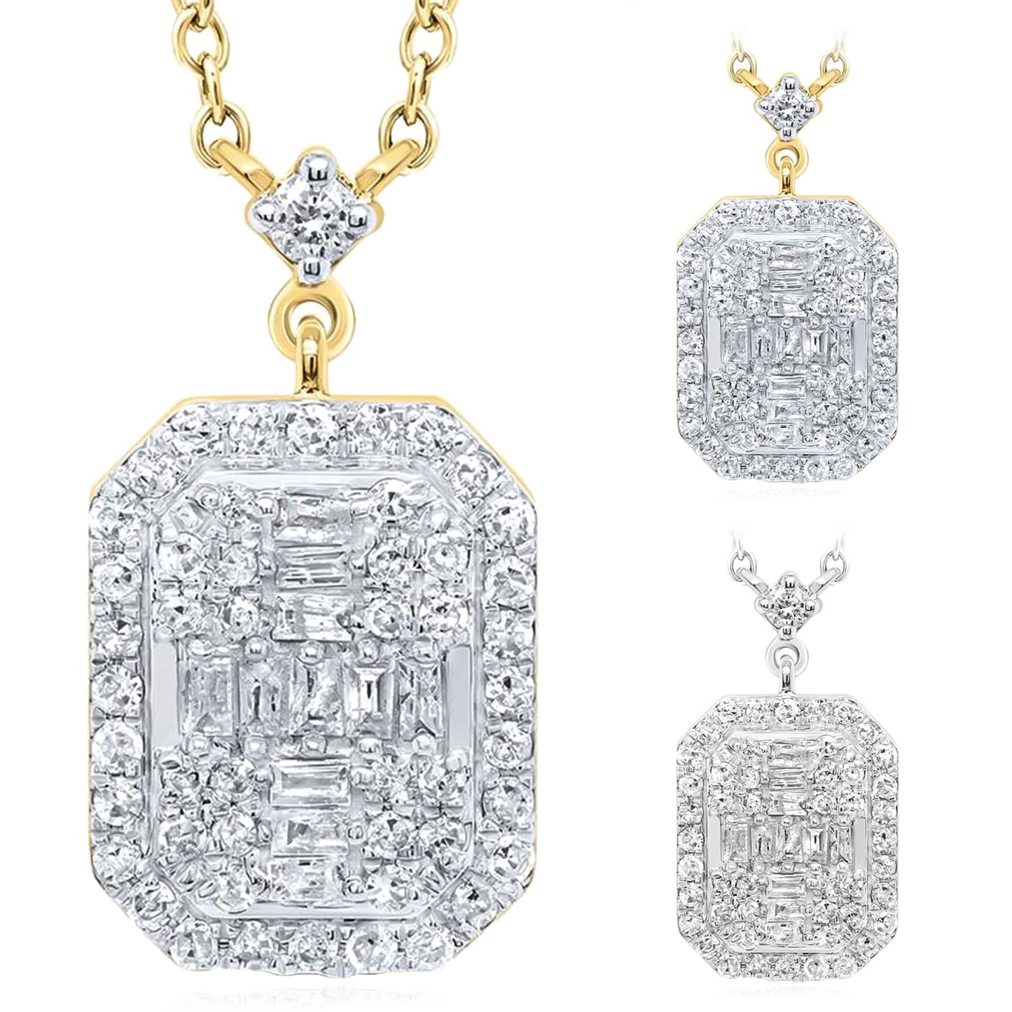 0.33CTW Real Diamond 10K Gold Yellow White Emerald Pendant Necklace 18"