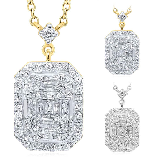 0.33CTW Real Diamond 10K Gold Yellow White Emerald Pendant Necklace 18"