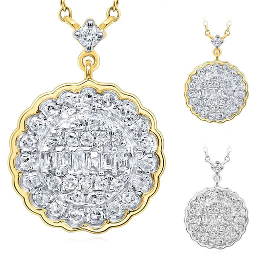 0.33CTW Real Diamond 10K Gold Yellow White Scallop Edge Pendant Necklace 18"