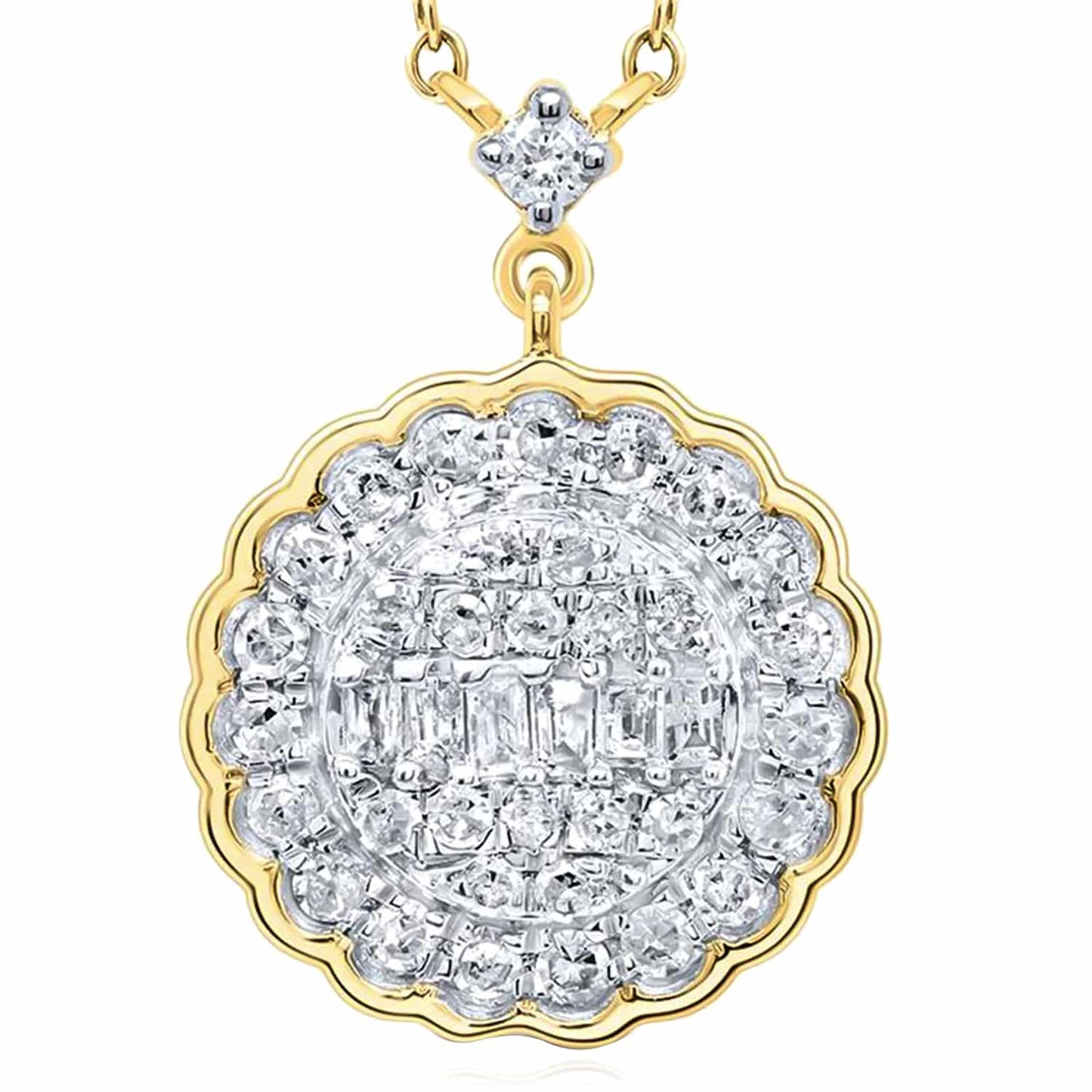 0.33CTW Real Diamond 10K Gold Yellow White Scallop Edge Pendant Necklace 18"