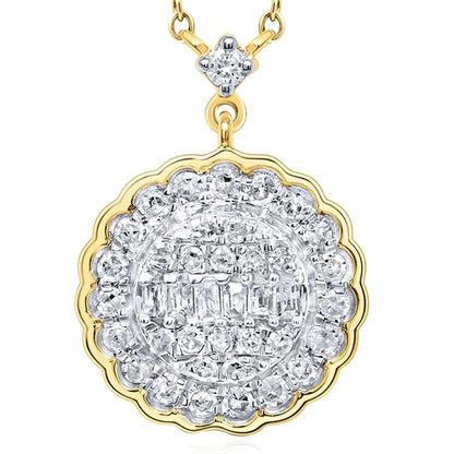 0.33CTW Real Diamond 10K Gold Yellow White Scallop Edge Pendant Necklace 18"
