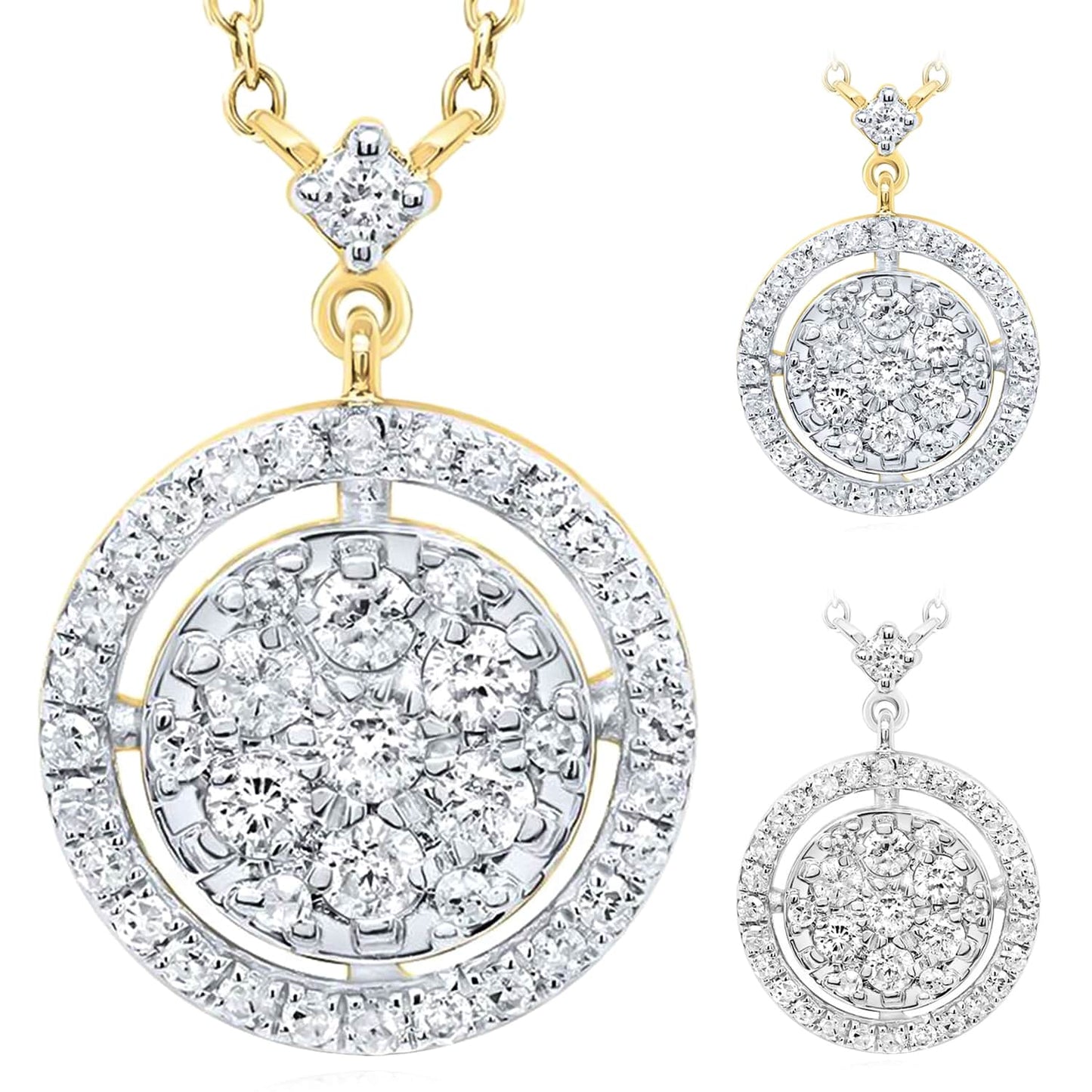0.33CTW Real Diamond 10K Gold Yellow White Circular Pendant Necklace 18"
