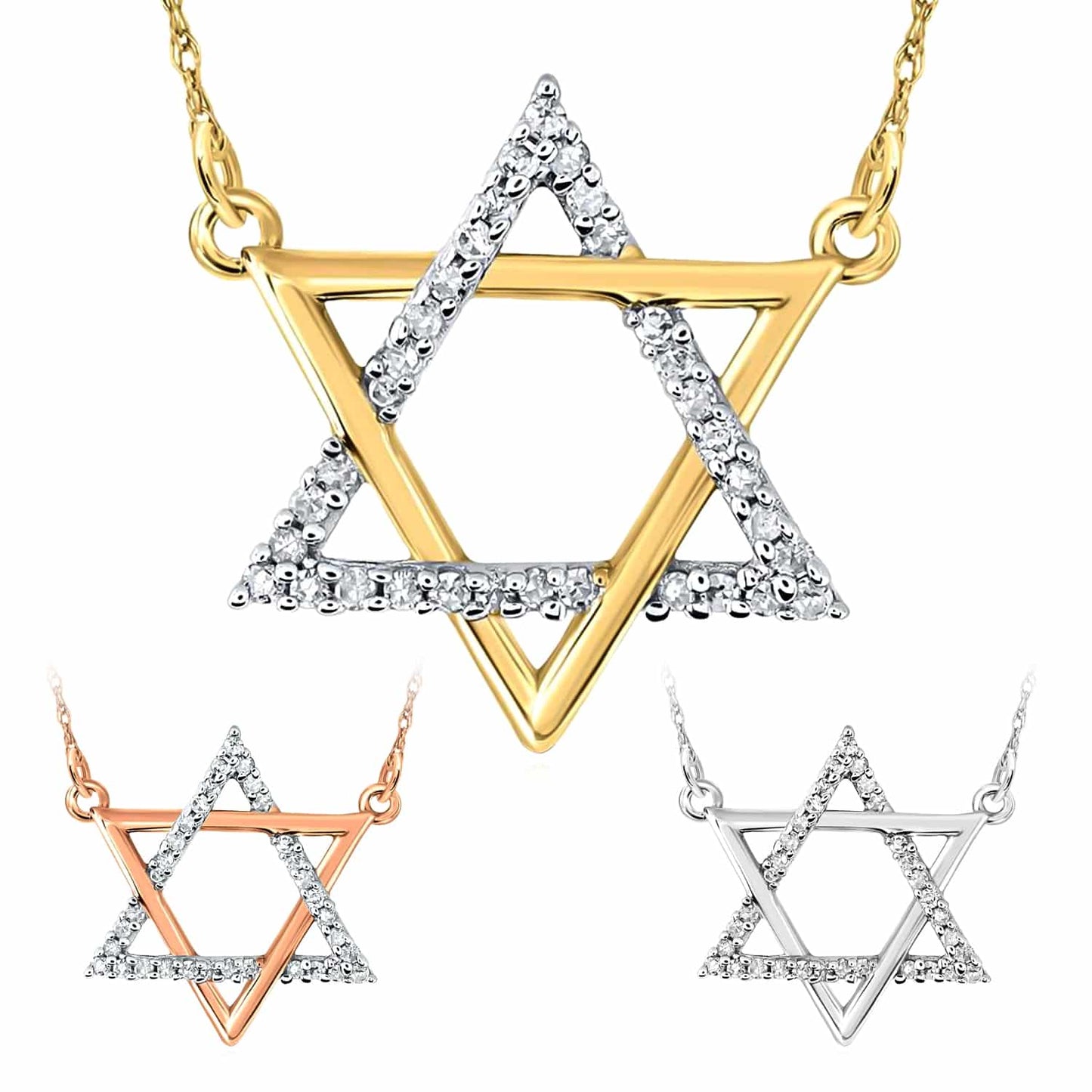 Real Diamond 10K Gold Yellow White Rose Magen David Star Pendant Necklace 18"