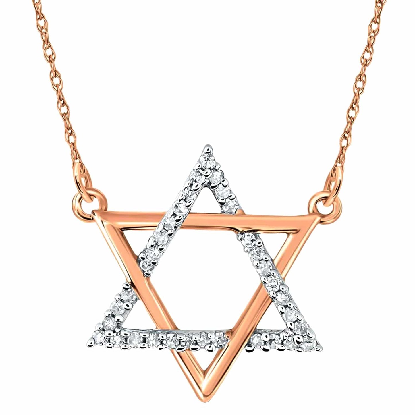 Real Diamond 10K Gold Yellow White Rose Magen David Star Pendant Necklace 18"