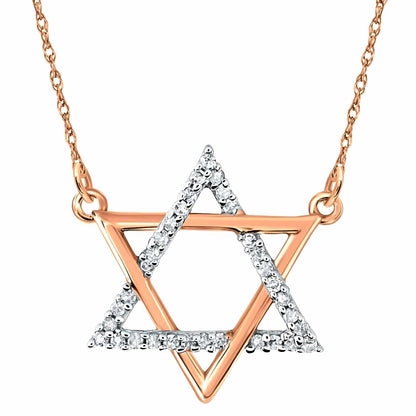 Real Diamond 10K Gold Yellow White Rose Magen David Star Pendant Necklace 18"