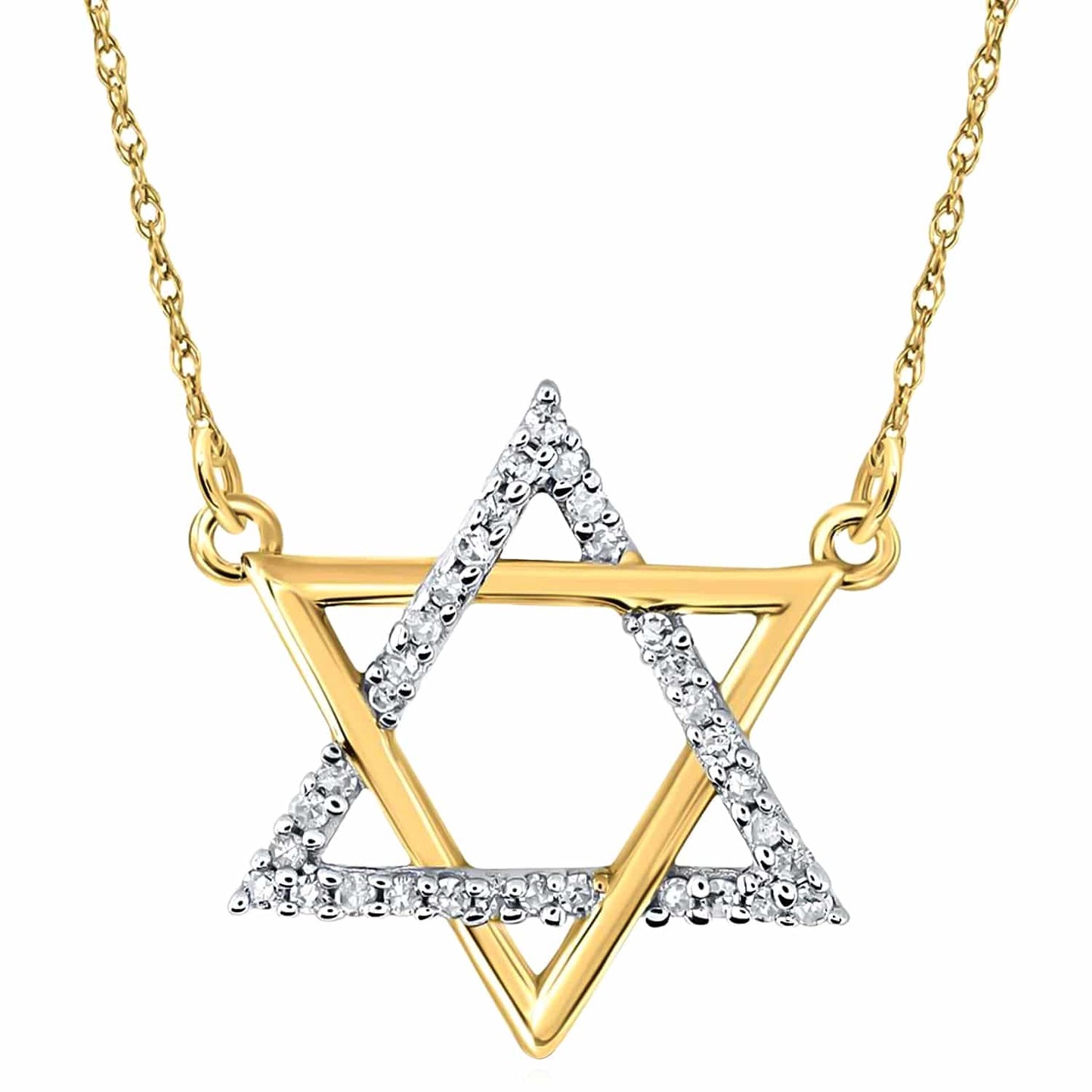 Real Diamond 10K Gold Yellow White Rose Magen David Star Pendant Necklace 18"