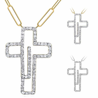 Natural Diamond 10K Yellow White Gold Cross Paperclip Necklace (Solid Links) 18" - WJD Exclusives