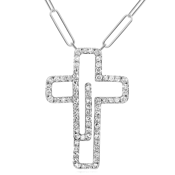 Natural Diamond 10K Yellow White Gold Cross Paperclip Necklace (Solid Links) 18" - WJD Exclusives