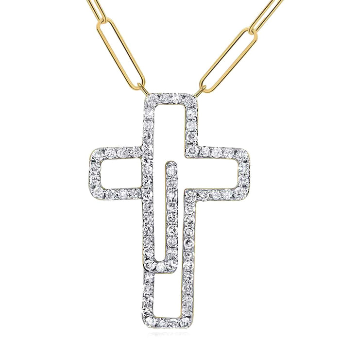 Natural Diamond 10K Yellow White Gold Cross Paperclip Necklace (Solid Links) 18" - WJD Exclusives