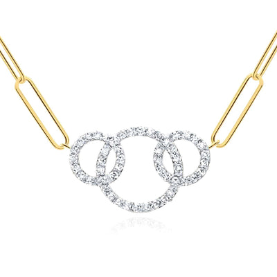 0.25CTW Natural Diamond 10K Yellow Gold Three Interlocking Circles Paperclip Necklace (Solid Links) 18" - WJD Exclusives