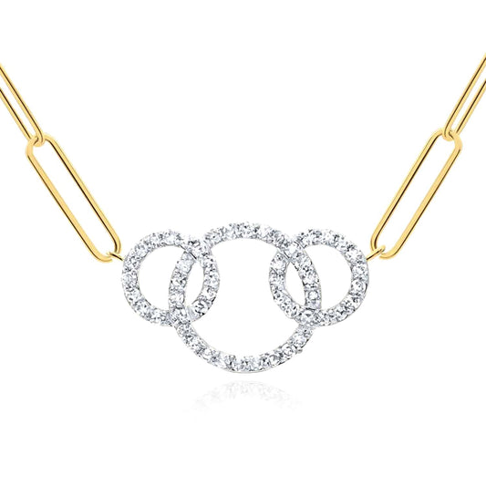 0.25CTW Real Diamond 10K Yellow Gold Three Interconnected Circles Pendant 18"