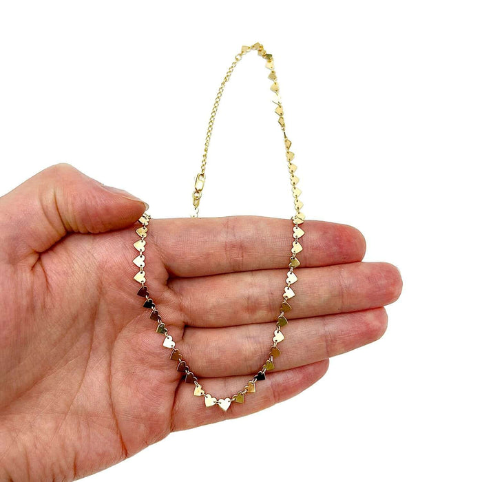 14K Yellow Gold Side - by - Side Station Heart Necklace (Solid Links) 16" - 18" Adjustable - WJD Exclusives