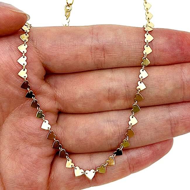 14K Yellow Gold Side - by - Side Station Heart Necklace (Solid Links) 16" - 18" Adjustable - WJD Exclusives