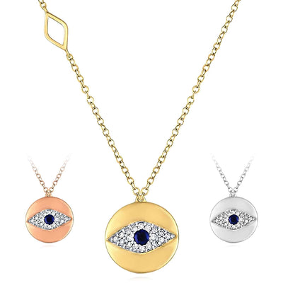 Natural Diamond 10K Yellow White Rose Gold Evil Eye Necklace (Solid Links) 17.5" - WJD Exclusives