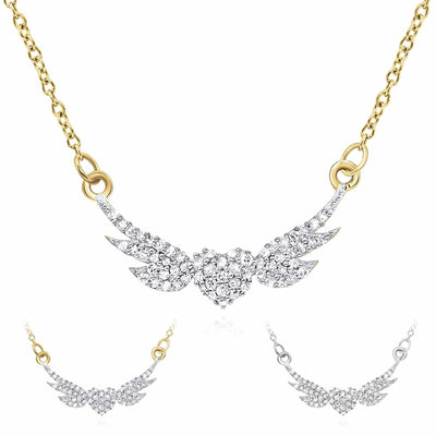 Natural Diamond 10K Yellow White Gold Heart Angel Wings Necklace (Solid Links) 18" - WJD Exclusives