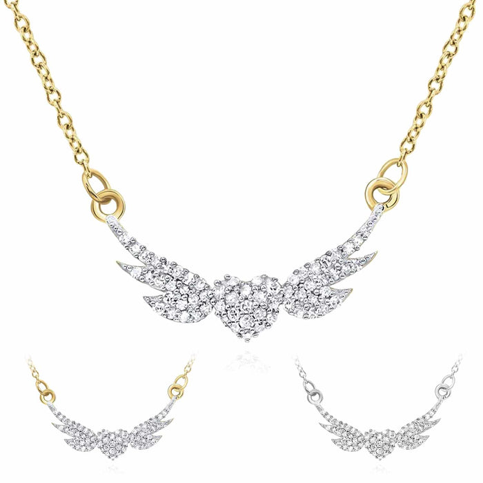 Natural Diamond 10K Yellow White Gold Heart Angel Wings Necklace (Solid Links) 18" - WJD Exclusives