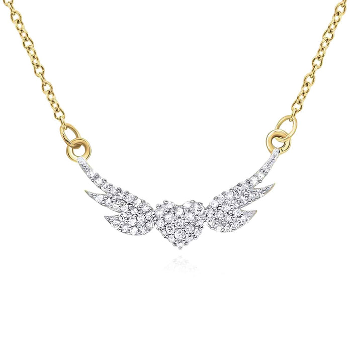 Natural Diamond 10K Yellow White Gold Heart Angel Wings Necklace (Solid Links) 18" - WJD Exclusives