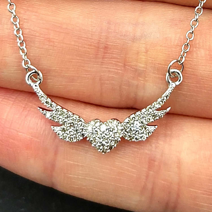 Natural Diamond 10K Yellow White Gold Heart Angel Wings Necklace (Solid Links) 18" - WJD Exclusives
