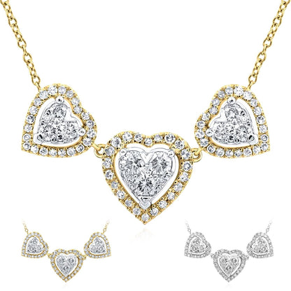 0.75CTW Real Diamond 10K Gold Yellow White Triple Heart Pendant Necklace 18"