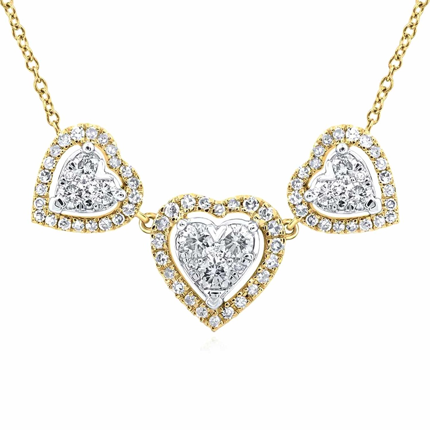 0.75CTW Real Diamond 10K Gold Yellow White Triple Heart Pendant Necklace 18"