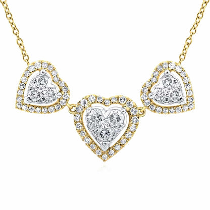 0.75CTW Real Diamond 10K Gold Yellow White Triple Heart Pendant Necklace 18"