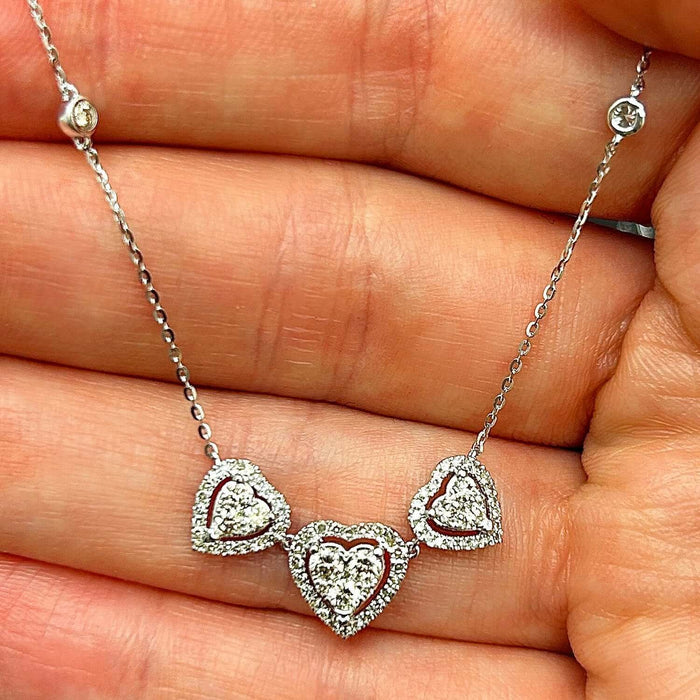 0.75CTW Natural Diamond 10K Yellow White Gold Triple Heart Necklace (Solid Links) 18" - WJD Exclusives