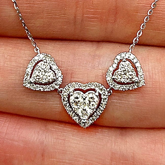 0.75CTW Real Diamond 10K Gold Yellow White Triple Heart Pendant Necklace 18"