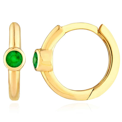 0.10CTW Real Emerald 14K Gold Single Bezel - Set Hoop Earrings 9mm - WJD Exclusives