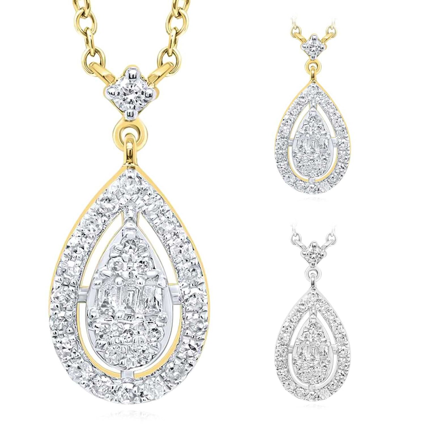 0.16CTW Real Diamond 10K Gold Yellow White Teardrop Pear Pendant Necklace 18"