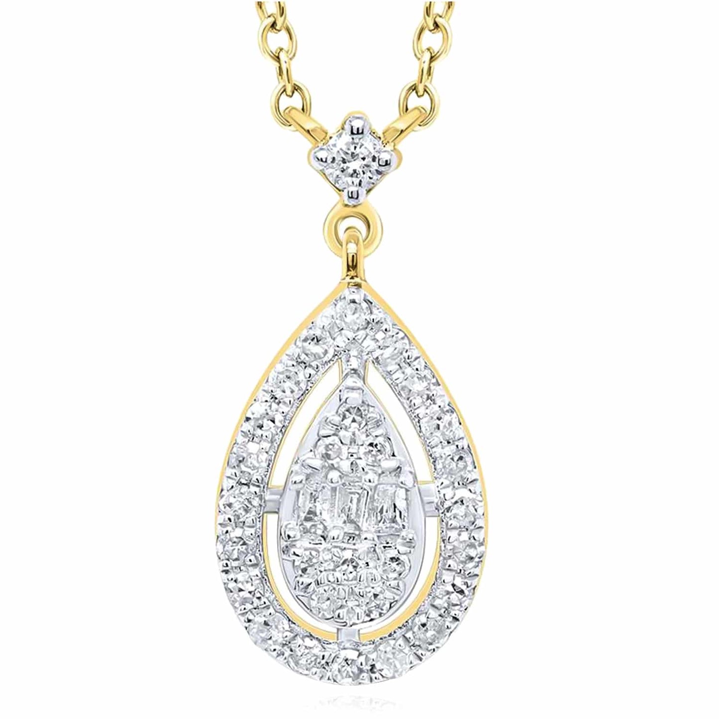 0.16CTW Real Diamond 10K Gold Yellow White Teardrop Pear Pendant Necklace 18"