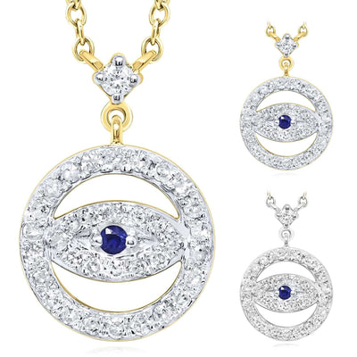 Natural Diamond and Sapphire 10K Yellow White Gold Evil Eye Necklace (Solid Links) 18" - WJD Exclusives