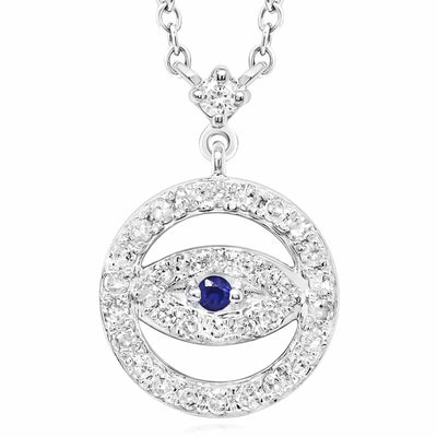 Natural Diamond and Sapphire 10K Yellow White Gold Evil Eye Necklace (Solid Links) 18" - WJD Exclusives